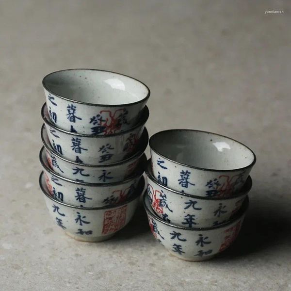 Tazas y platillos, 5 unidades/lote, cerámica de caligrafía antigua china Vintage, juego de tazas de té y vino, tazón de té, ceremonia, taza de té antigua