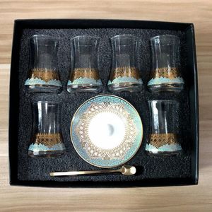 Cups Saucers 6 Sets Turkish Tea Glasses Set With Spoon Coffee Cup Romantic Exotic Glass Kitchen Decoration Gift Box