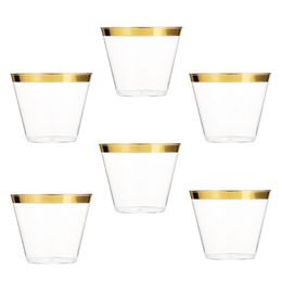 Tasses soucoupes 6 pièces 9OZ or bordé en plastique jetable verres à Cocktail gobelets pour les fêtes d'anniversaire de mariage douches nuptiales