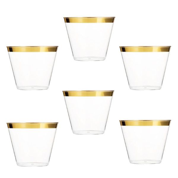 Tasses soucoupes 6 pièces 9OZ or bordé en plastique jetable verres à Cocktail gobelets pour les fêtes d'anniversaire de mariage douches nuptiales