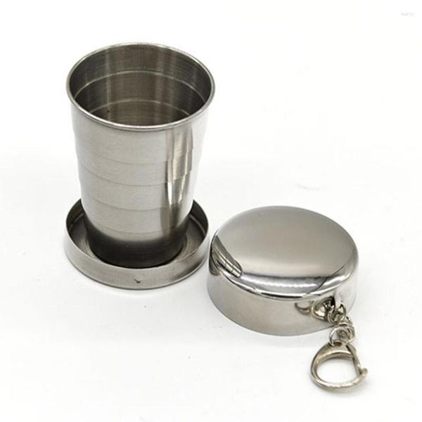 Tazas, platillos, taza plegable de acero inoxidable de 75ml con llavero, taza de café plegable, taza de mano para viajes al aire libre, Camping, agua