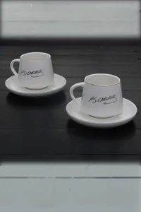Tasses Saucers Amazing Turkish Greek Arabe Coffee Espresso tasse Set Kitchen Ataturk Signed - Porcelain 2 PSC.4 pièces
