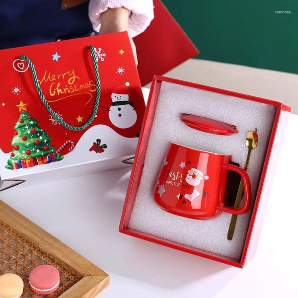 Tasses et soucoupes à gros ventre, coffret cadeau de noël avec couvercle, cuillère, tasse d'eau, Souvenirs