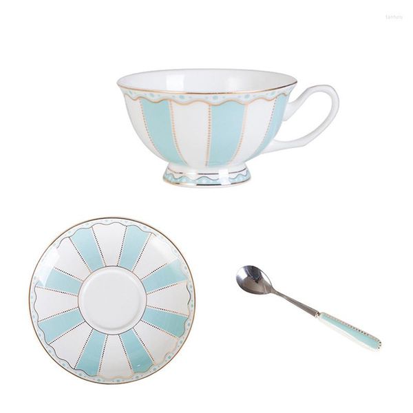 Ensemble de tasses et soucoupes en porcelaine, avec cuillère, Vintage, café, blanc, bleu, thé, garniture dorée, boîte-cadeau