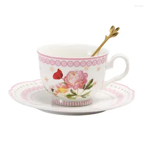 Kopjes Schoteltjes Bone China Pioenroos Bloem Servies Keramiek Koffiekopje Gouden Rand Dessertbakje Serviesje Set 10 inch Kalkoen Steakplaat