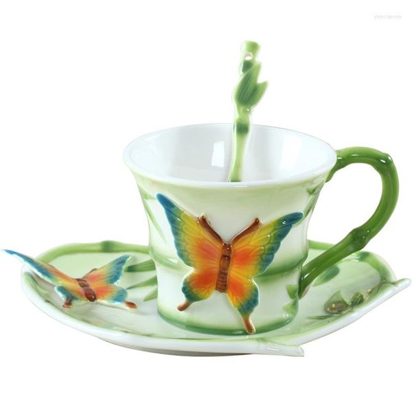 Tasses Soucoupes Papillon Émail Porcelaine Café Thé Tasse Et Soucoupe Cuillère Décoration En Céramique Eau Drinkware Saint Valentin Ami Cadeau