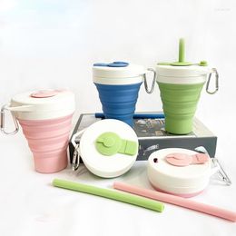 Tazas Platillos Camping Taza de café de silicona portátil Plegable Bolsillo de agua Hervidor plegable con pajita