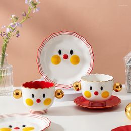 Tazas y platillos de dibujos animados, taza de cerámica con sonrisa en relieve con platillo, juego de té y café de porcelana con borde dorado pintado a mano, plato para pastel, vajilla