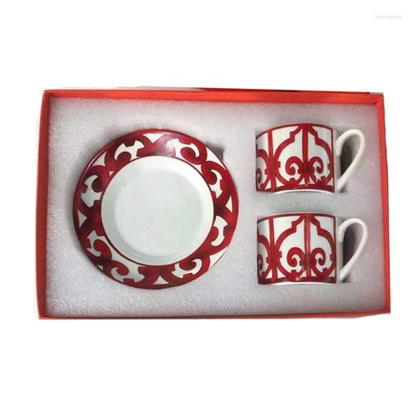Tazas y platillos, taza de porcelana de hueso para Catering, tazas de té Tiki de cerámica simples de varios estilos, plato de café y platillo con juego de patrones, 2 unidades/juego de caja