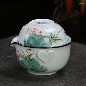 Topes Saucers Celadon Teteras portátiles pintadas a mano Cerámica de cerámica Juego de té de té 1 mac