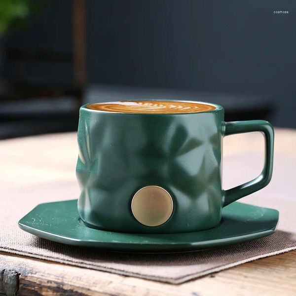 Tazas y platillos Taza de café de cerámica con cubierta de platillo, conjunto de taza verde, sello de cobre, agua impresa