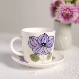 Tasses Saucers Tasses à café en céramique avec soucoupe 220 ml Ins Purple Flower Pced Printed Creative Set Simple Style Drinkware