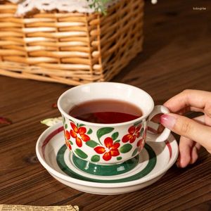 Tasses soucoupes en céramique finlande, café médiéval et anémone brune, assiette peinte à la main, tasse de thé rétro de l'après-midi, tasses d'eau