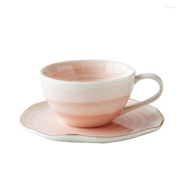 Tazas, platillos, taza de té rosa de cerámica y platillo, juego de café de porcelana, vasos para una persona