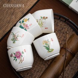 Cups schotels Chanshova Chinese stijl 170 ml on-geglazuurde geschilderde bloemen keramisch theekopje wit porselein grote thee voor huis en kantoor H071