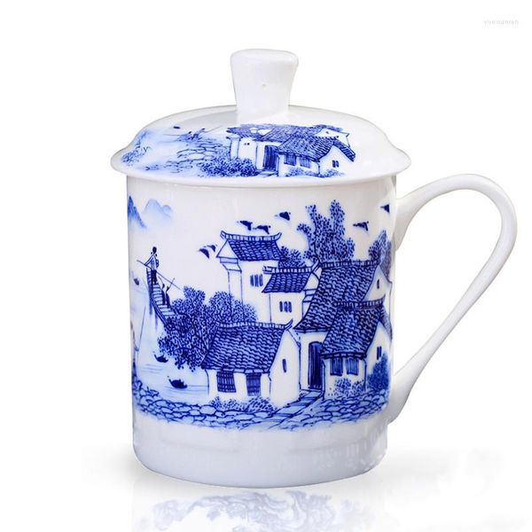 Tasses soucoupes Style chinois porcelaine Jingdezhen bleu et blanc porcelaine tasse à thé bureau boire de l'eau avec couvercle voyage thé