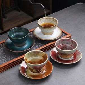 Ensemble de tasses et soucoupes à expresso en poterie grossière, ensemble de tasses et soucoupes de luxe japonais, peinture rétro, glaçage, grand thé, eau créative faite à la main