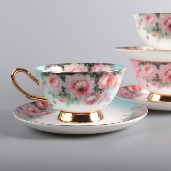 Tazas platillos tazón de café amantes del té de la tarde China y platillo de flores europeas cerámica marginada