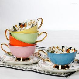 Tasses soucoupes café porcelaine haute qualité papillon fleur tasse à thé soucoupe ensemble britannique après-midi thé heure tasse en céramique bureau Drinkware