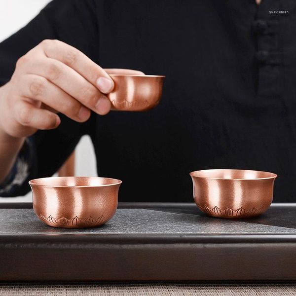Tazas y platillos, tazas de té de cobre hechas a mano, juego de té de Kungfu grueso, artículos de té para el hogar