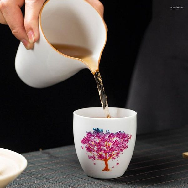 Tazas y platillos, Taza de cerámica creativa, taza de té Sakura, decoloración con temperatura fría, juego de flores de té que cambia de Color, vajilla