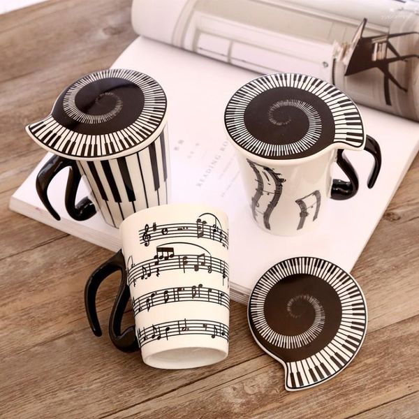 Tazas y platillos, taza musical de cerámica creativa, marca de notas, par de teclado de agua, café con cubierta, regalo para el hogar, estudiante