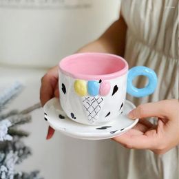 Tasses soucoupes créatives mignonnes en relief crème glacée en céramique café peint à la main et coeur Girly Latte Art tasse cadeaux