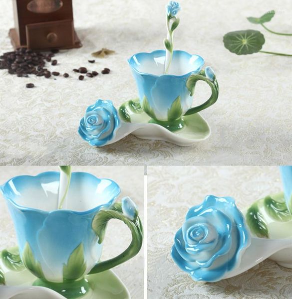 Tasses soucoupes mode créative 3D Rose pivoine fleur forme émail céramique café thé tasse cuillère ensemble porcelaine eau cadeau