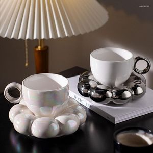 Tasses soucoupes Creative fleur forme café et perle blanc argent céramique tasse à thé ensemble maison verres luxe mariage anniversaire cadeau