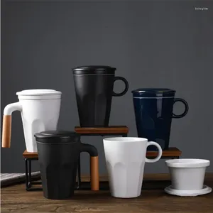 Kopjes schotels creatieve Japanse stijl grove aardewerk theekop keramische koffiemok met deksel en filter Office Tea Cup drinkwaterdrankjes.