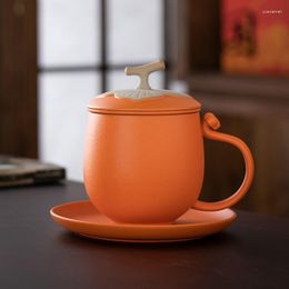 Tazas y platillos, diseño creativo de caqui, té y plato con tapa de filtro, tazas de café de cerámica, platillo de 380ml