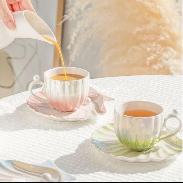 Tasses soucoupes mignon créatif perle coquille glaçure porcelaine tasse et soucoupe céramique ensembles de thé simples Design moderne café lumière cadeaux de luxe