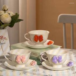 Tasses et soucoupes en forme de cœur pour fille, ensemble de tasses à café de haute beauté, Style princesse avec nœud en céramique, avec thé de l'après-midi, Dim Sum