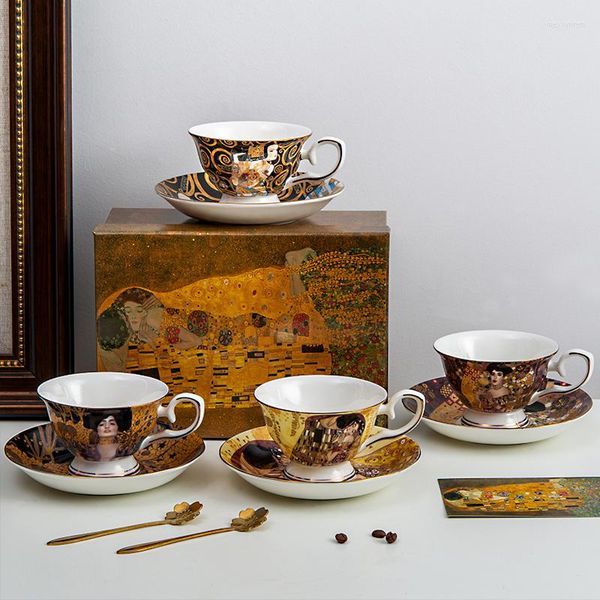Tasses soucoupes coffrets cadeaux élégants motif Klimt porcelaine fine café et