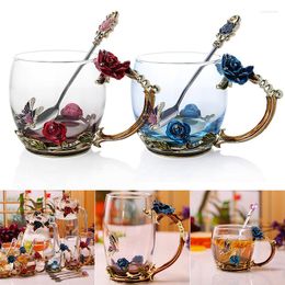Tazas y platillos esmaltados, taza para té y café, cristal 3D de mariposa rosa, regalo de boda, flor, vasos de alta calidad, pareja RE