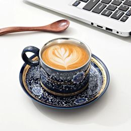 Copos pires esmalte latte xícara café conjunto escritório retro osso china alto valor com colher