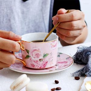 Tasses Soucoupes Mode Européenne Phnom Penh Rose Tasse À Café En Céramique Ménage Fleur Thé Et Soucoupe Ensemble Lait Simple Avec Cuillère Verres