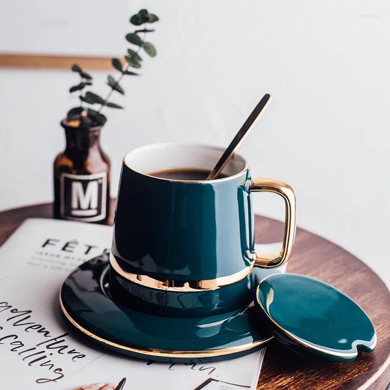 Cups Saucers European Phnom Penh Ceramic Coffee Cup With Lid Saucer And Spoon Set Retro Breakfast Milk Mugs Office Teacup Household