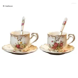 Tazas de tazas F63A tés taza y coloque de café de porcelana Cerámica de rosa de flores retro con cuchara de bebida regalo