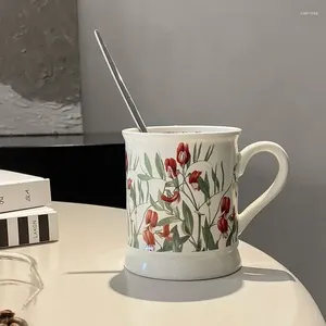 Tasses soucoupes tasses en céramique florales café nordique élégant tasse à thé avoine petit déjeuner tasse cadeau créatif cadeau de noël Drinkware cuisine