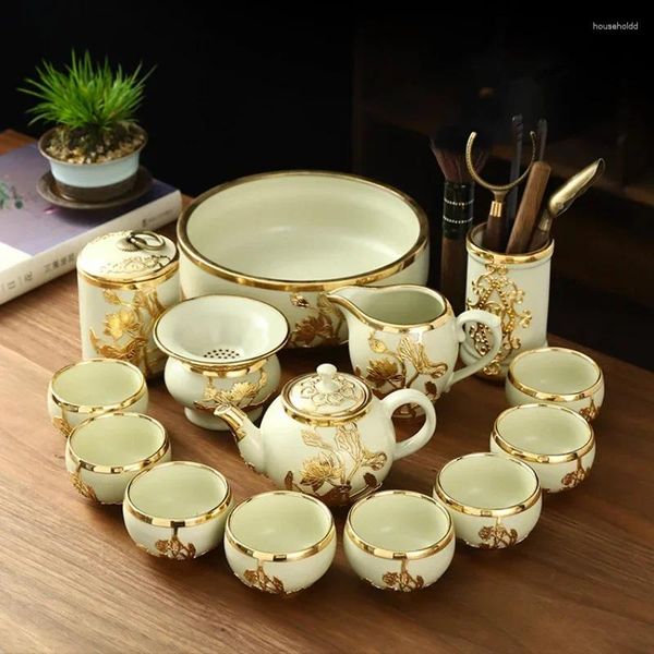 Jingdezhen – service à thé en céramique, tasses et soucoupes incrustées d'or, four en Jade Ru, Pot léger de luxe haut de gamme, tasse Kungfu domestique