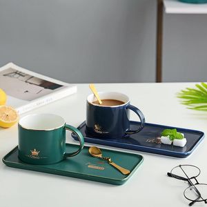 Tasses Soucoupes Or Jante Céramique Bureau Café Et Cuillère Ensembles Thé Lait De Soja Petit Déjeuner Tasses Assiette À Dessert Amis Tasse Couples Cadeaux