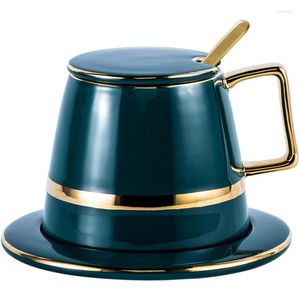 Juego de tazas y platillos de café con esmalte verde, taza de té de porcelana con tapa, cuchara, juegos de regalo de té de cerámica