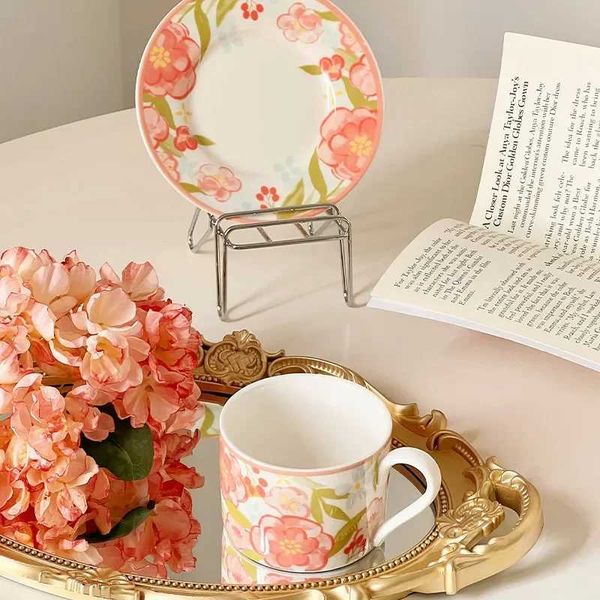 Tasses Saucers Camellia peint à la main en céramique tasse de peinture à l'huile française Style de peinture d'après-midi tasse de thé et de soucoupe