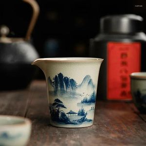 Tasses soucoupes peintes à la main paysage tasse juste en céramique bleu Vintage thé mer tasse à thé chinoise ustensiles de cérémonie