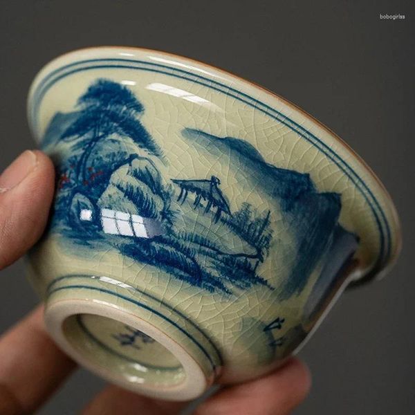 Tazas y platillos pintados a mano, juego de tazas de té de cerámica con paisaje de apertura, tazón de té para ceremonia, tazas de café, taza de té Zen de río