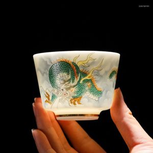 Kopjes schotels hoogwaardige jade porselein thee cup creatief patroon draken tijger espresso theekops handpatinte keramisch theeware