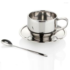 Tasses Soucoupes Ménage 150ml Tasse À Café Isolée À Double Paroi 304 En Acier Inoxydable Voyage Poignée Tasses Avec Cuillère Plat Assiette Soucoupe