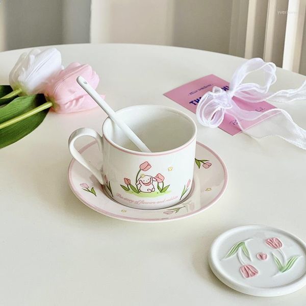 Tasses soucoupes Ins Style tulipe rose tasse à café ensemble fille bureau boire du lait en céramique avec soucoupe 8 pouces assiette tasses