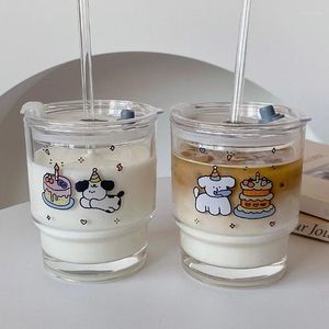 Cups Saucers Japanse en Korean Water Cup Clear Glass Straw draagbare schattige cake puppy student drink koffie ins wind